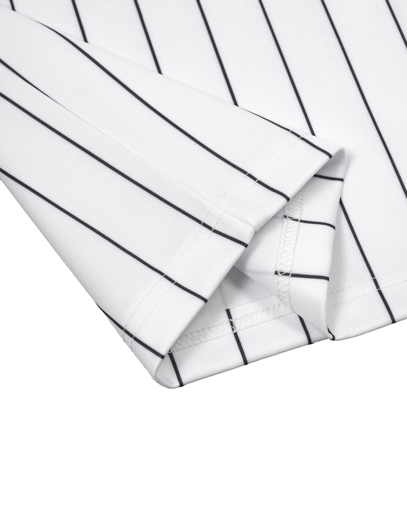 Close-up of the straight hem and pinstripe construction on the Athlesi TrackLine Baseball Striped Jersey