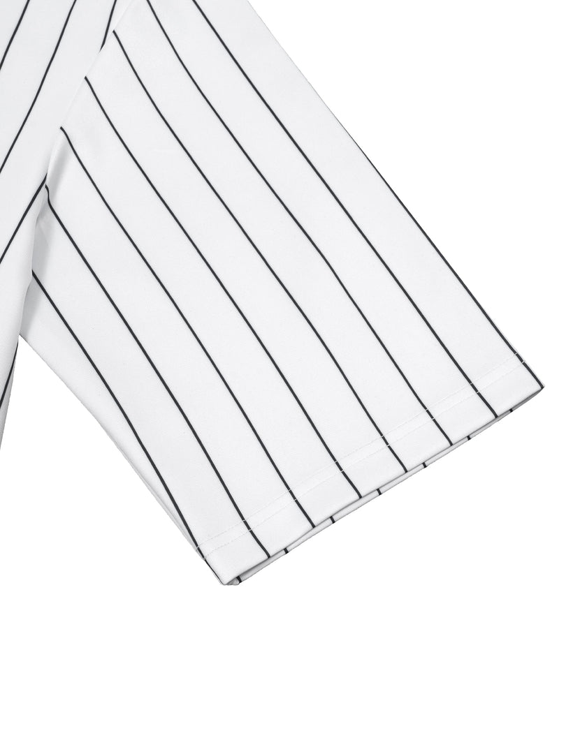 Close-up of the relaxed short sleeve and vertical pinstripe detail on the Athlesi TrackLine Baseball Striped Jersey