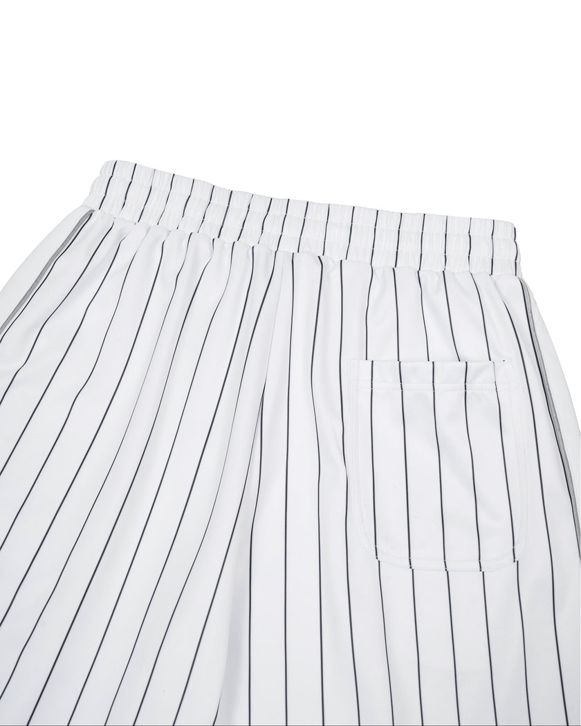 Back waist close-up of the Athlesi TrackLine Baseball Striped Shorts showing the elastic waistband