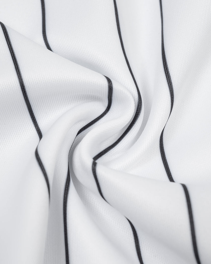 Detailed view of the smooth polyester knit and vertical pinstripes of the Athlesi TrackLine Baseball Striped Shorts