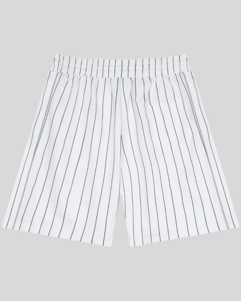 Athlesi TrackLine Baseball Striped Shorts in white with black pinstripes, back view