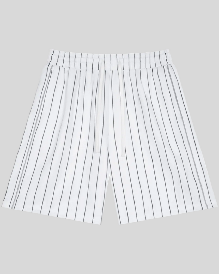 Athlesi TrackLine Baseball Striped Shorts in white with black pinstripes, front view