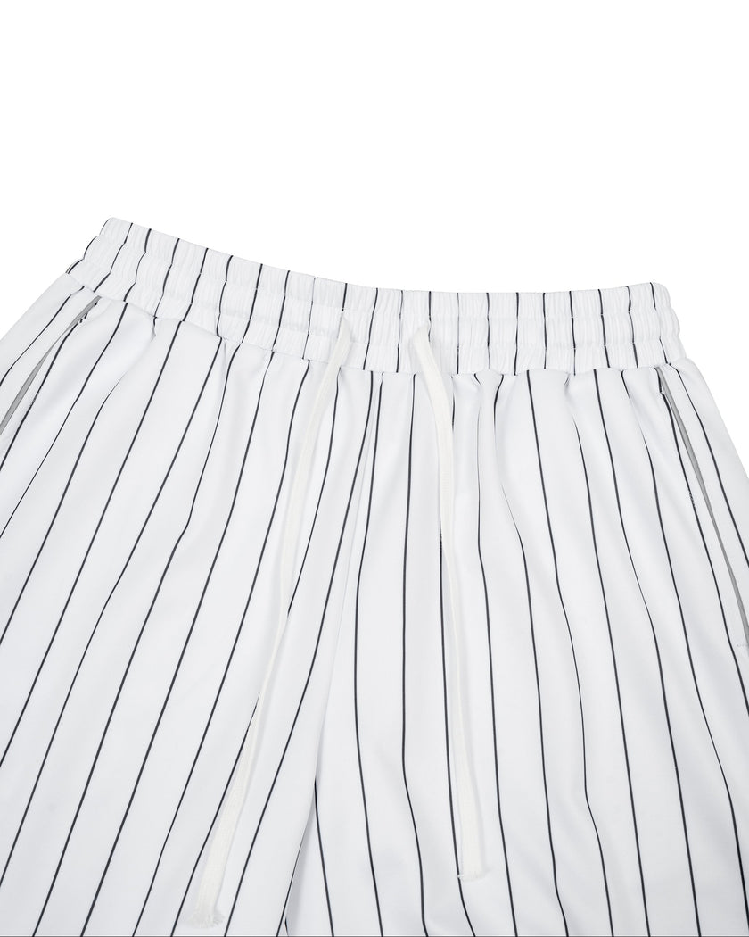 Front waist close-up of the Athlesi TrackLine Baseball Striped Shorts showing the elastic waistband and drawstring