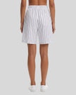 Model wearing the Athlesi TrackLine Baseball Striped Shorts in white, back view