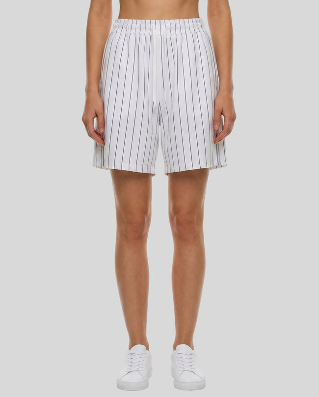 Model wearing the Athlesi TrackLine Baseball Striped Shorts in white, front view