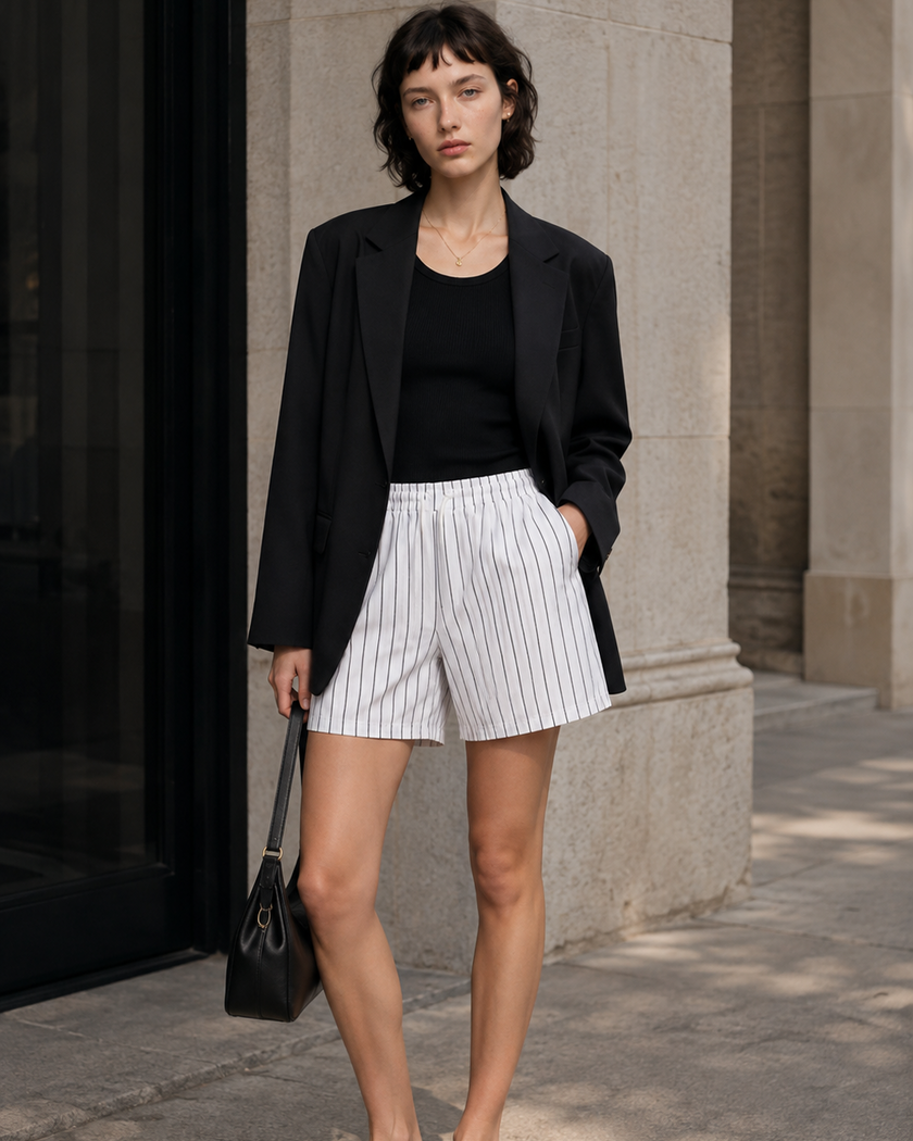 A woman stands outdoors on a stone sidewalk wearing a black blazer, black top, TrackLine Baseball Striped Shorts, and black loafers, while holding a black handbag.