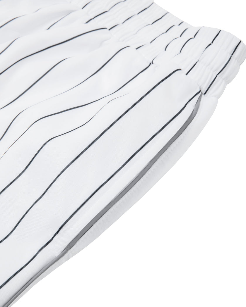 Side close-up of the Athlesi TrackLine Baseball Striped Shorts showing the pocket and pinstripe detail