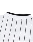 Back collar close-up of TrackLine Baseball Striped Tee in White showing contrast ribbed trim and black pinstripes.