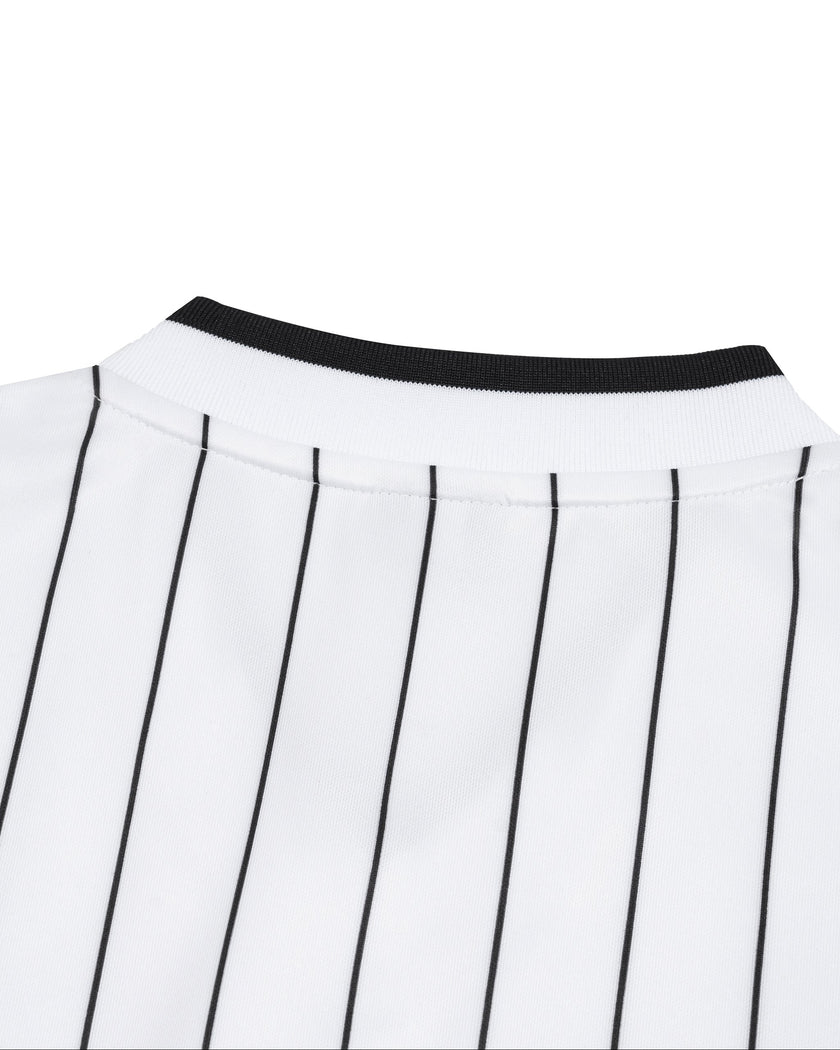 Back collar close-up of TrackLine Baseball Striped Tee in White showing contrast ribbed trim and black pinstripes.
