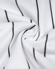 Detailed fabric view of the TrackLine Baseball Striped Tee showing its smooth polyester knit and black pinstripe design.