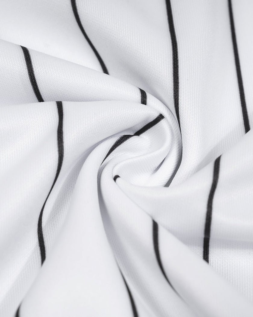 Detailed fabric view of the TrackLine Baseball Striped Tee showing its smooth polyester knit and black pinstripe design.