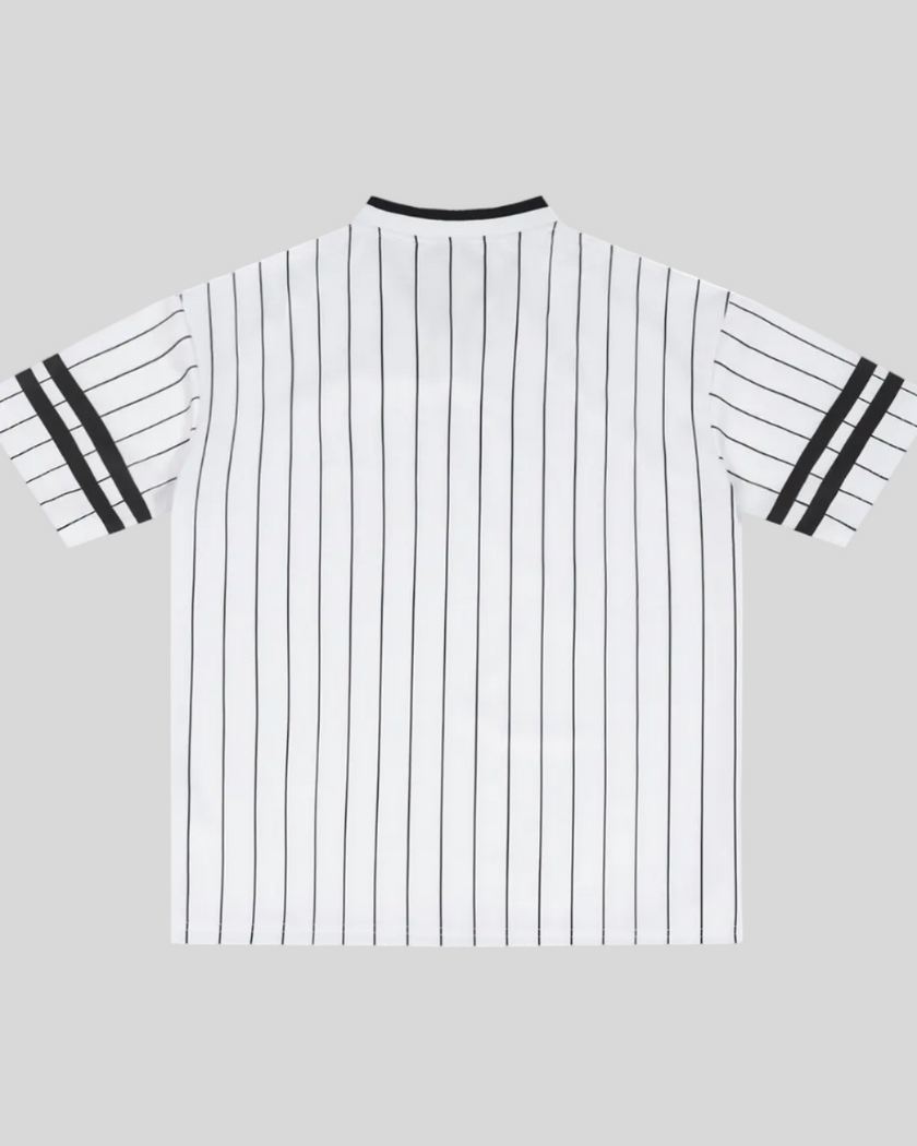TrackLine Baseball Striped Tee in White back view showing vertical black pinstripes, contrast collar, and striped sleeves.