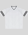TrackLine Baseball Striped Tee in White front view with black pinstripes, contrast V-neck collar, and double sleeve stripes.