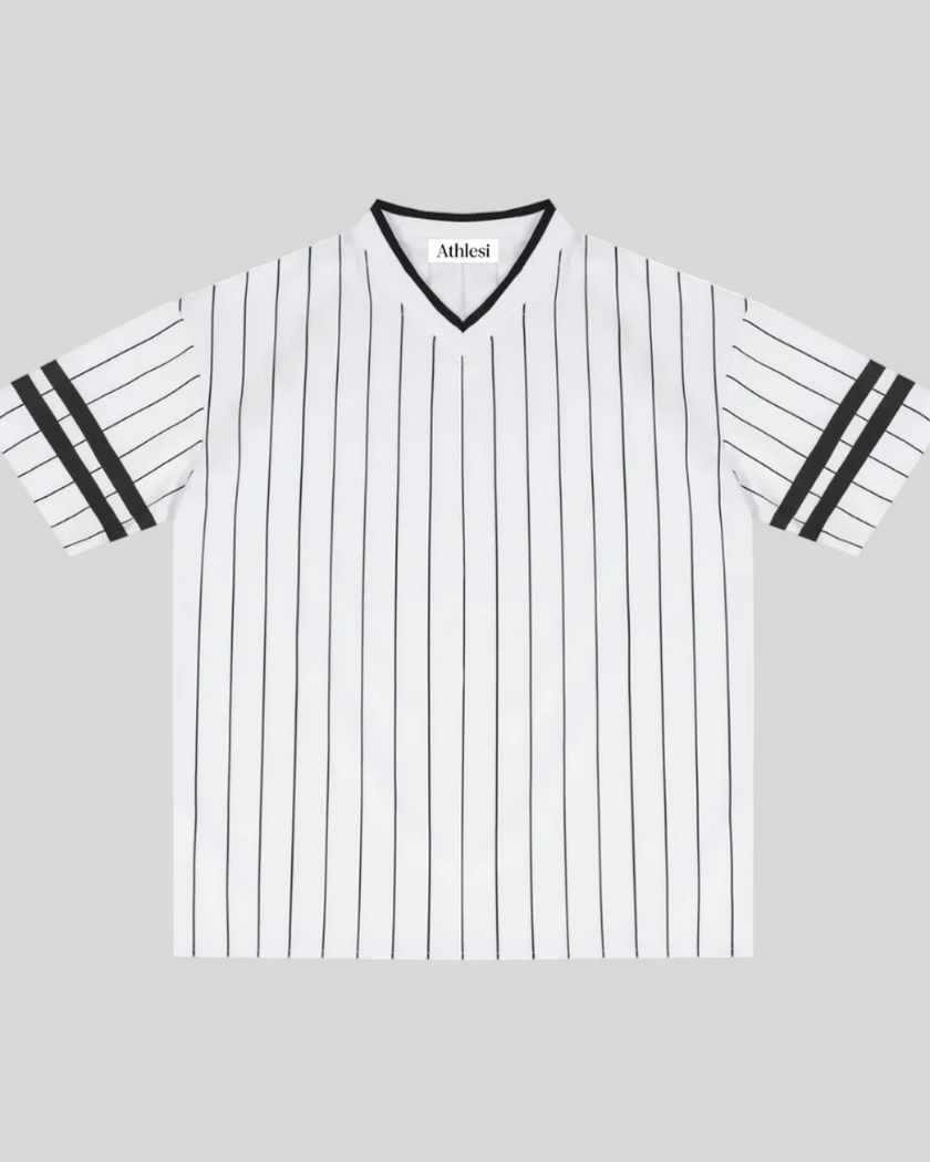 TrackLine Baseball Striped Tee in White front view with black pinstripes, contrast V-neck collar, and double sleeve stripes.