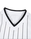 Front collar close-up of TrackLine Baseball Striped Tee showing the contrast ribbed V-neck and vertical pinstripe pattern.