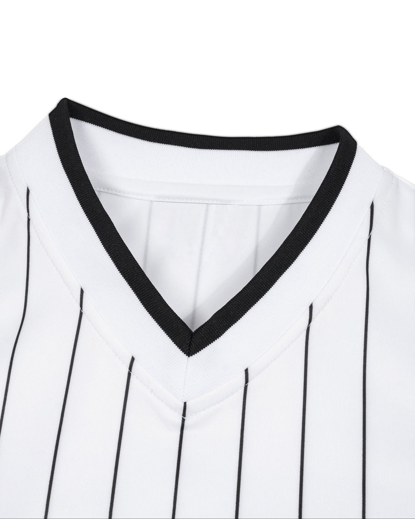 Front collar close-up of TrackLine Baseball Striped Tee showing the contrast ribbed V-neck and vertical pinstripe pattern.