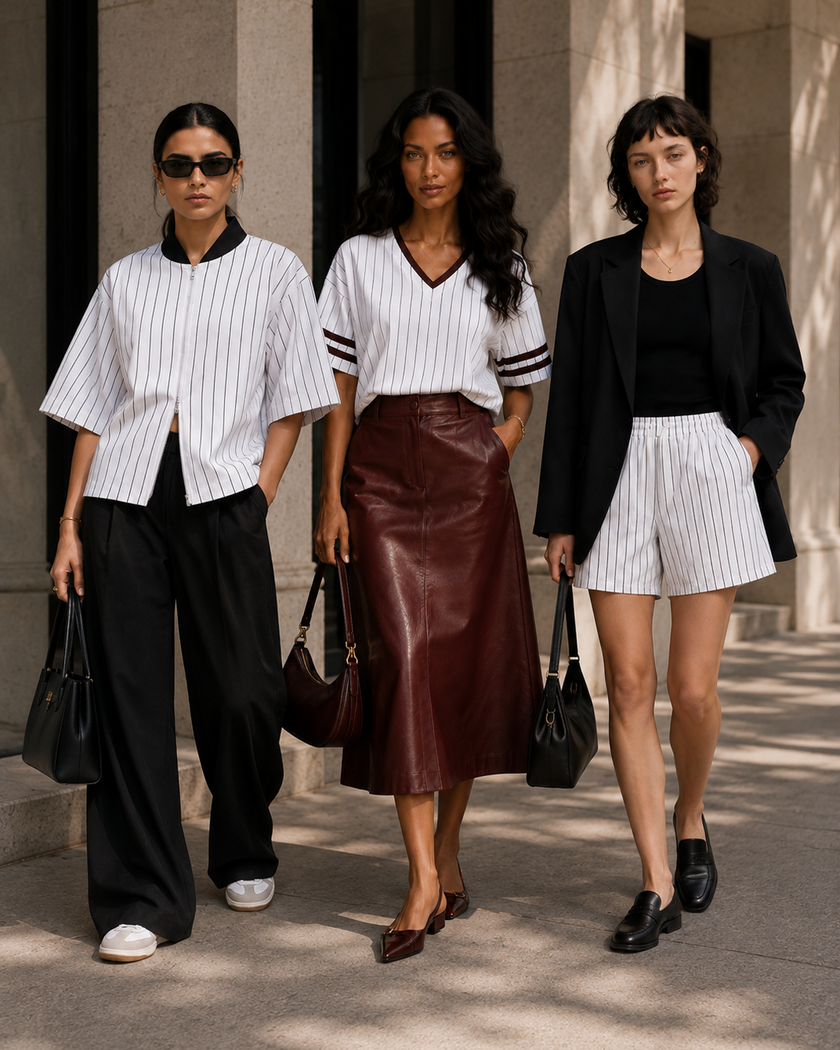 Three fashion models walking outdoors in front of a stone building, each wearing a TrackLine Baseall Striped pieces paired with different tops and bottoms: black wide-leg pants, a burgundy faux-leather midi skirt, and a black blazer with black tank top.