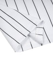 Hem close-up of TrackLine Baseball Striped Tee in White showing the straight finish and vertical pinstripe pattern.