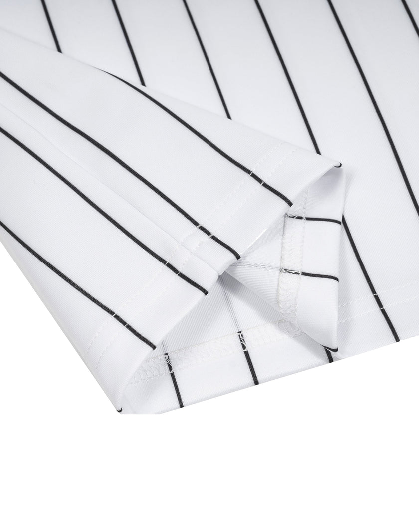 Hem close-up of TrackLine Baseball Striped Tee in White showing the straight finish and vertical pinstripe pattern.