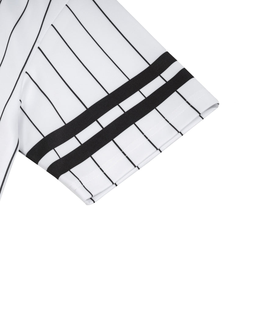 Sleeve close-up of TrackLine Baseball Striped Tee showing black double-stripe detailing and vertical pinstripes.