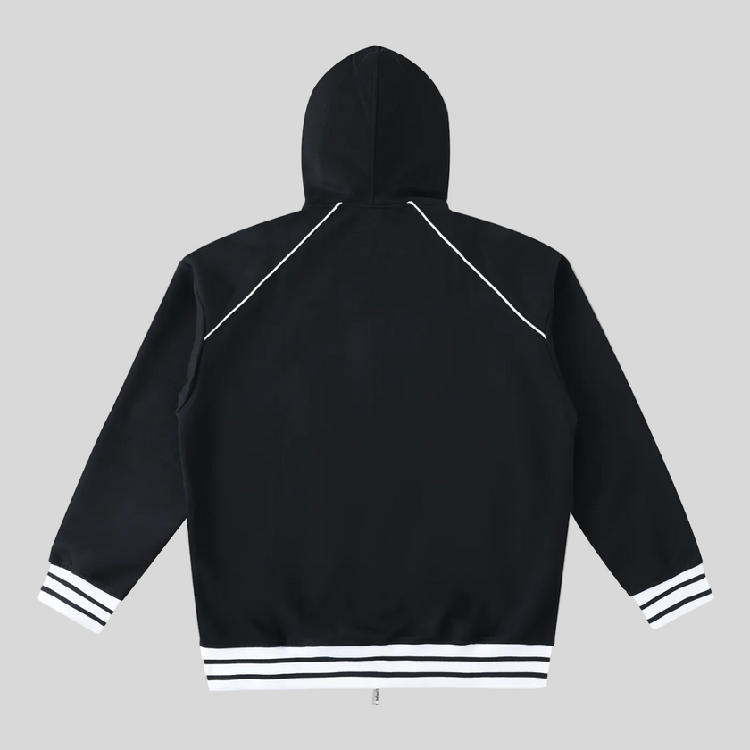 TrackLine Club Hoodie in Black back view with hood and striped trim details