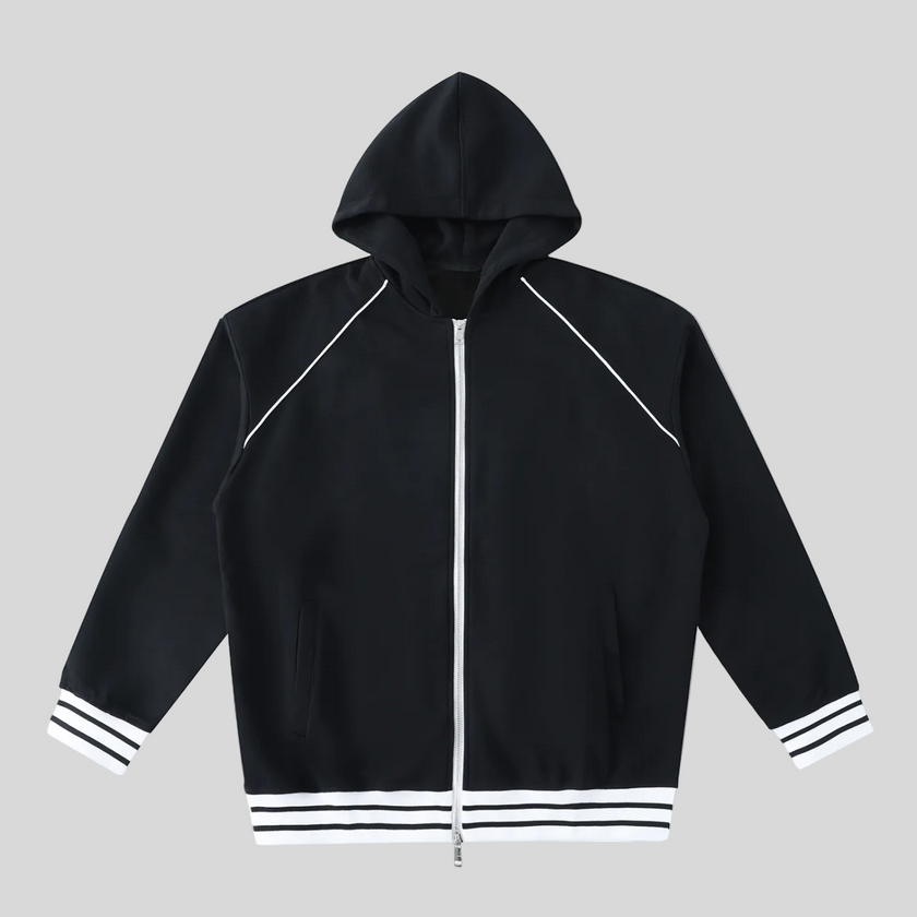 TrackLine Club Hoodie in Black front view with striped trim details