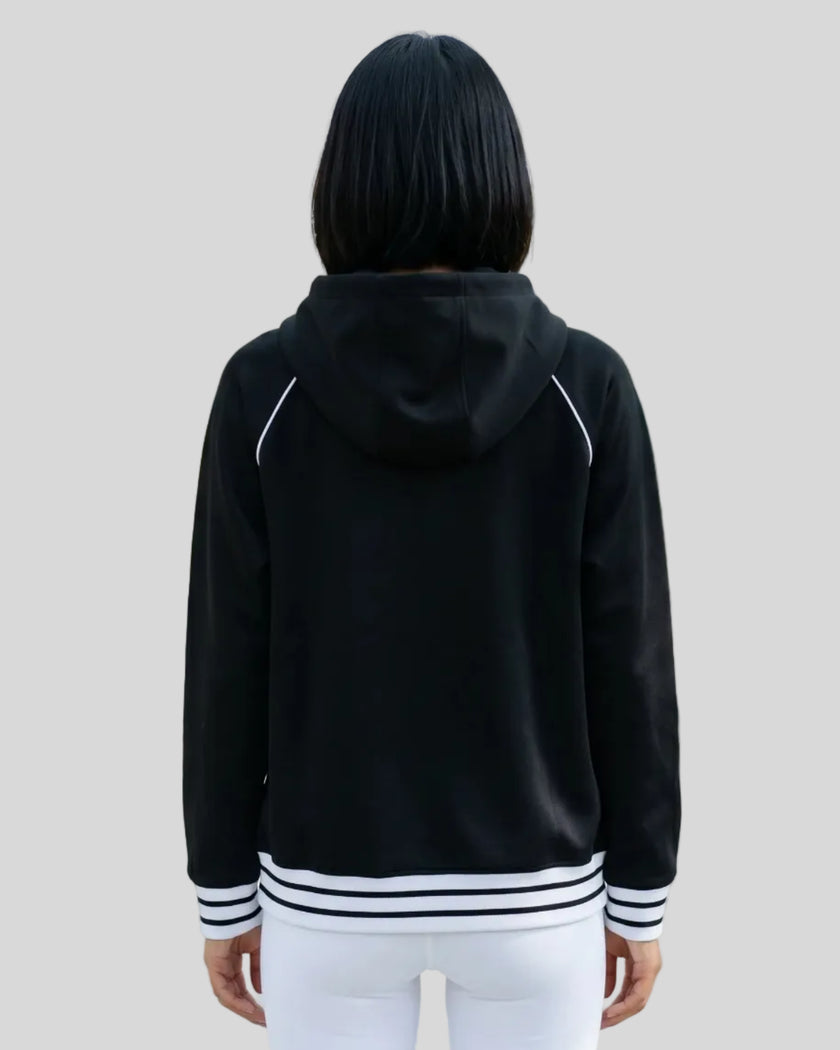 Model wearing TrackLine Club Hoodie in Black back view