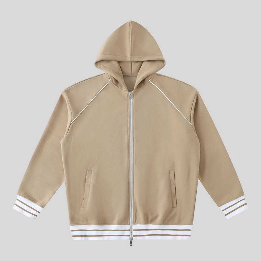 TrackLine Club Hoodie in Khaki front view with striped trim details