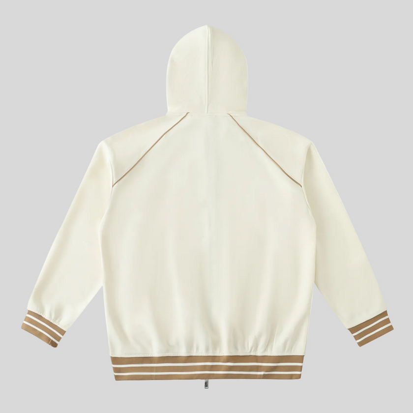 TrackLine Club Hoodie in Mild Apricot back view with hood and striped trim details