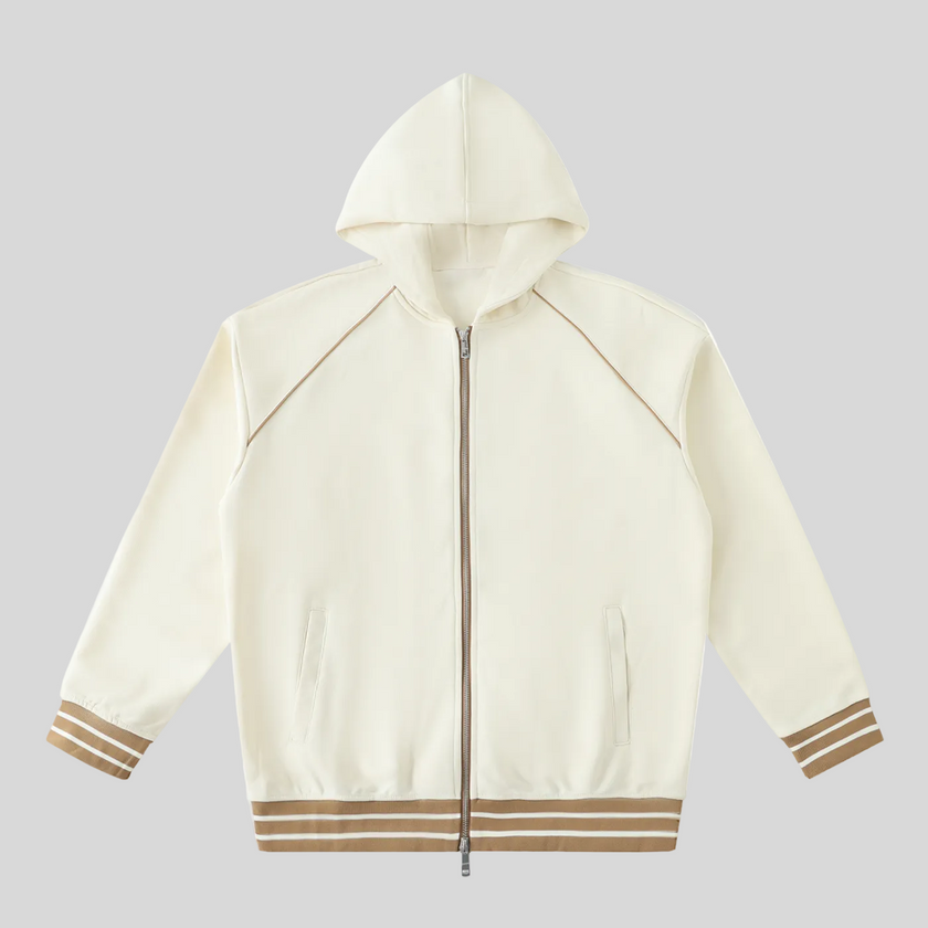 TrackLine Club Hoodie in Mild Apricot front view with striped trim details