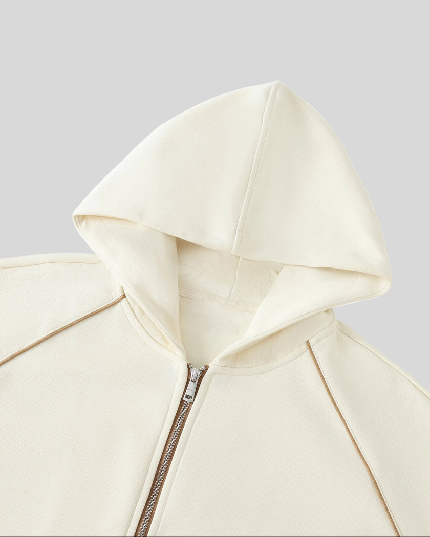 Hood and neckline detail of TrackLine Club Hoodie in Mild Apricot