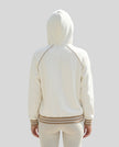 Model wearing TrackLine Club Hoodie in Mild Apricot back view