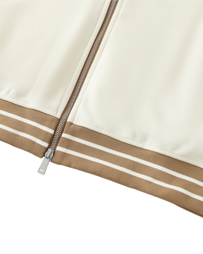 Zipper and striped hem detail of TrackLine Club Hoodie in Mild Apricot