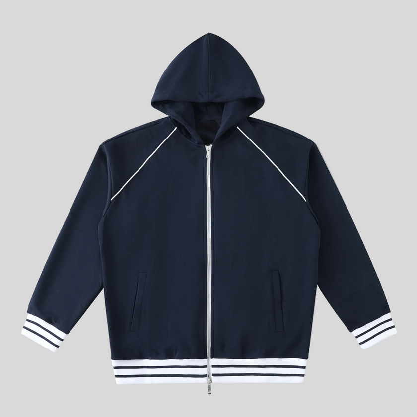 TrackLine Club Hoodie in Navy Blue front view with striped trim details