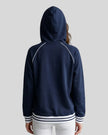 Model wearing TrackLine Club Hoodie in Navy Blue back view