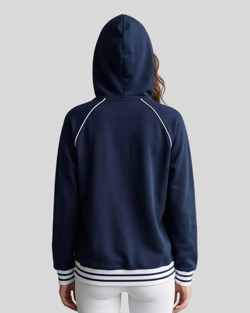 Model wearing TrackLine Club Hoodie in Navy Blue back view