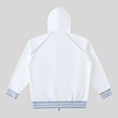 TrackLine Club Hoodie in White back view with hood and striped trim details