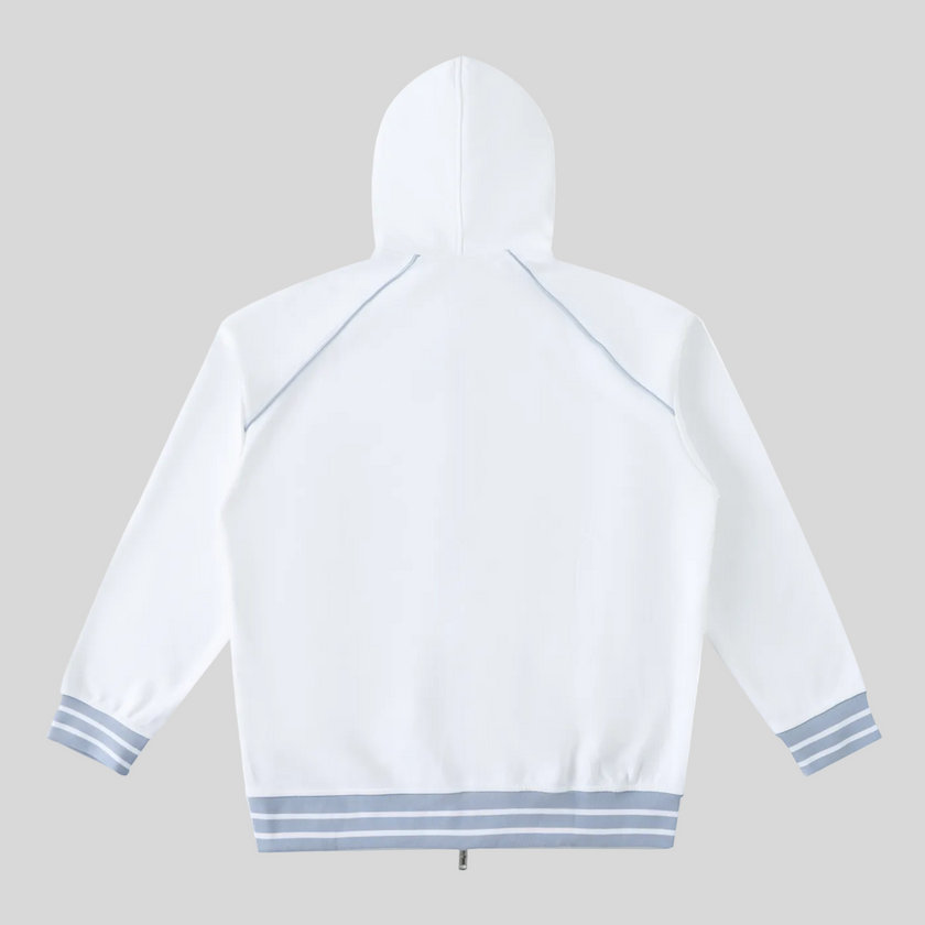 TrackLine Club Hoodie in White back view with hood and striped trim details