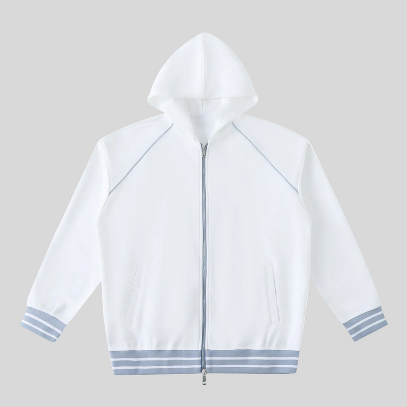 TrackLine Club Hoodie in White front view with striped trim details