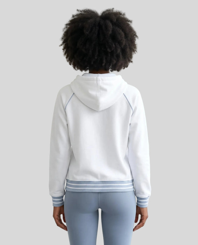 Model wearing TrackLine Club Hoodie in White back view