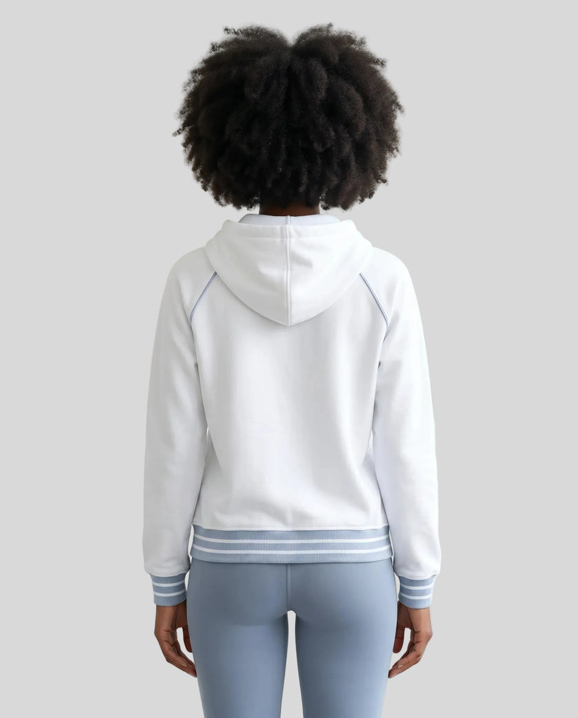 Model wearing TrackLine Club Hoodie in White back view