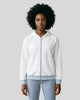 Model wearing TrackLine Club Hoodie in White fully zipped front view