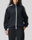 Model wearing TrackLine Club Jacket in Black fully zipped front view