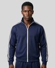 Model wearing TrackLine Club Jacket in Khaki semi-zipped front view