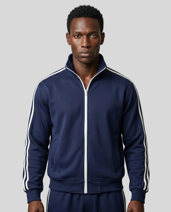 Model wearing TrackLine Club Jacket in Khaki semi-zipped front view