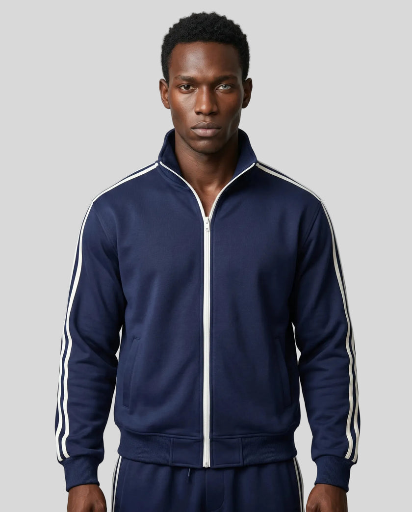 Model wearing TrackLine Club Jacket in Khaki semi-zipped front view