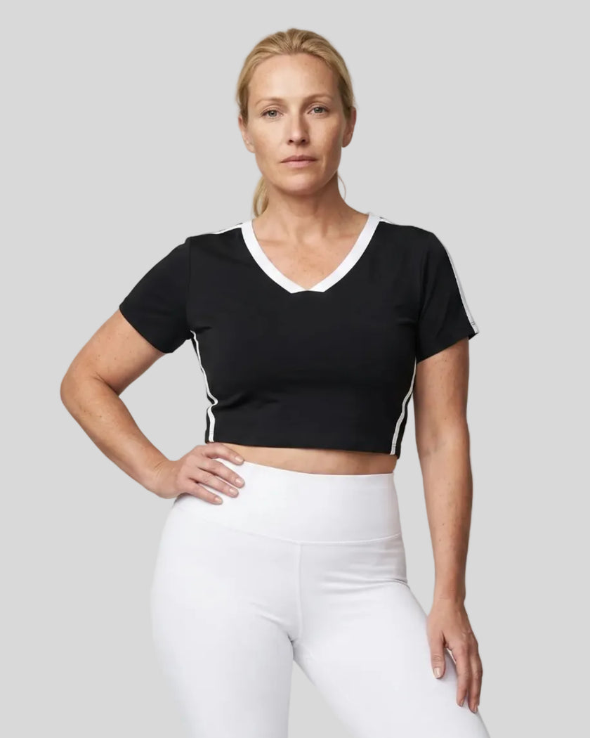 Model wearing TrackLine Club Tee in Black front view