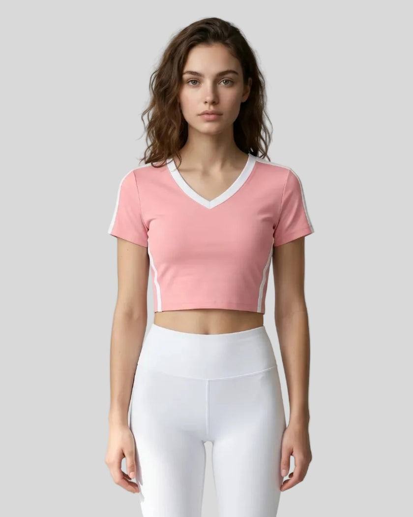 Model wearing TrackLine Club Tee in Pink front view