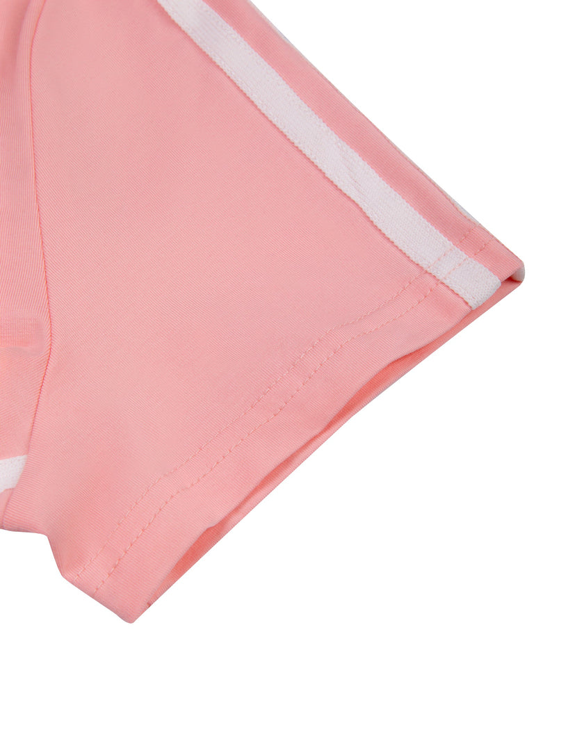 Sleeve and shoulder stripe detail of TrackLine Club Tee in Pink