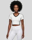 Model wearing TrackLine Club Tee in White front view